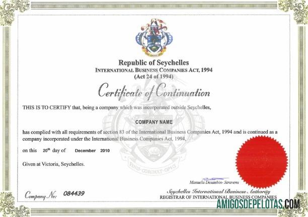 Exemplo de certificado de continuação das Seychelles